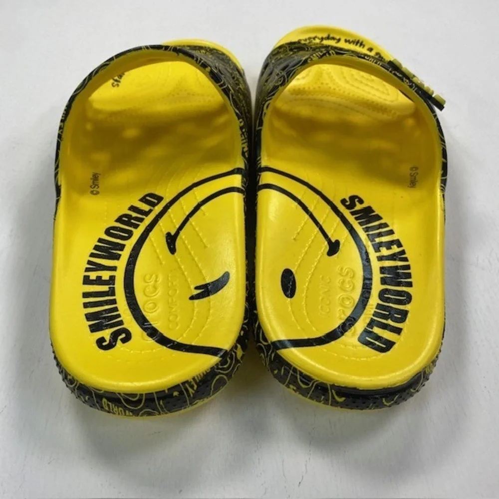 Crocs Classic SmileyWorld Slides Yellow Black Mens 13 Smiley Face Sandals
